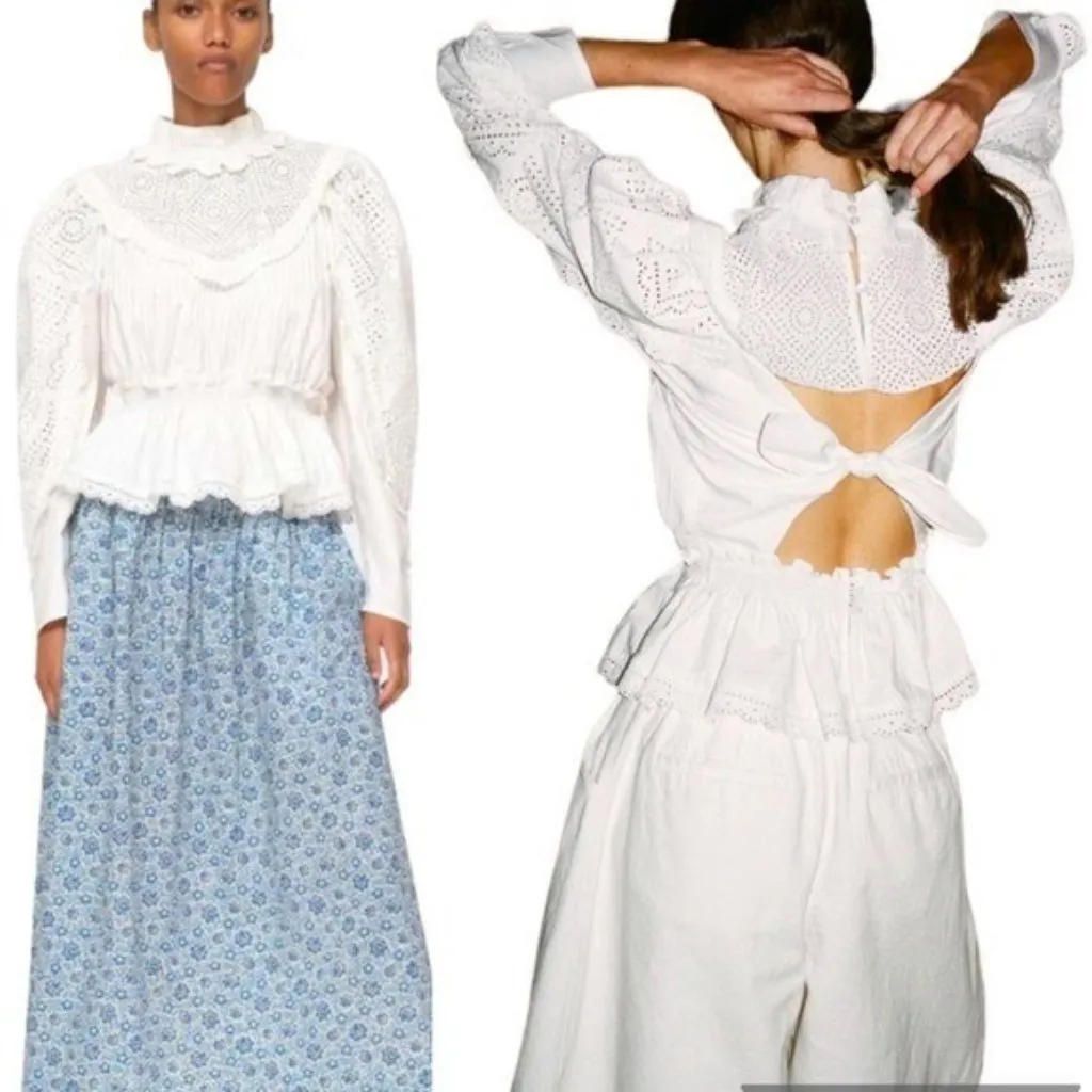 NWT Sea New York Vienne Eyelet Lace Open Back Cotton Blouse White Size 8 - Image 2