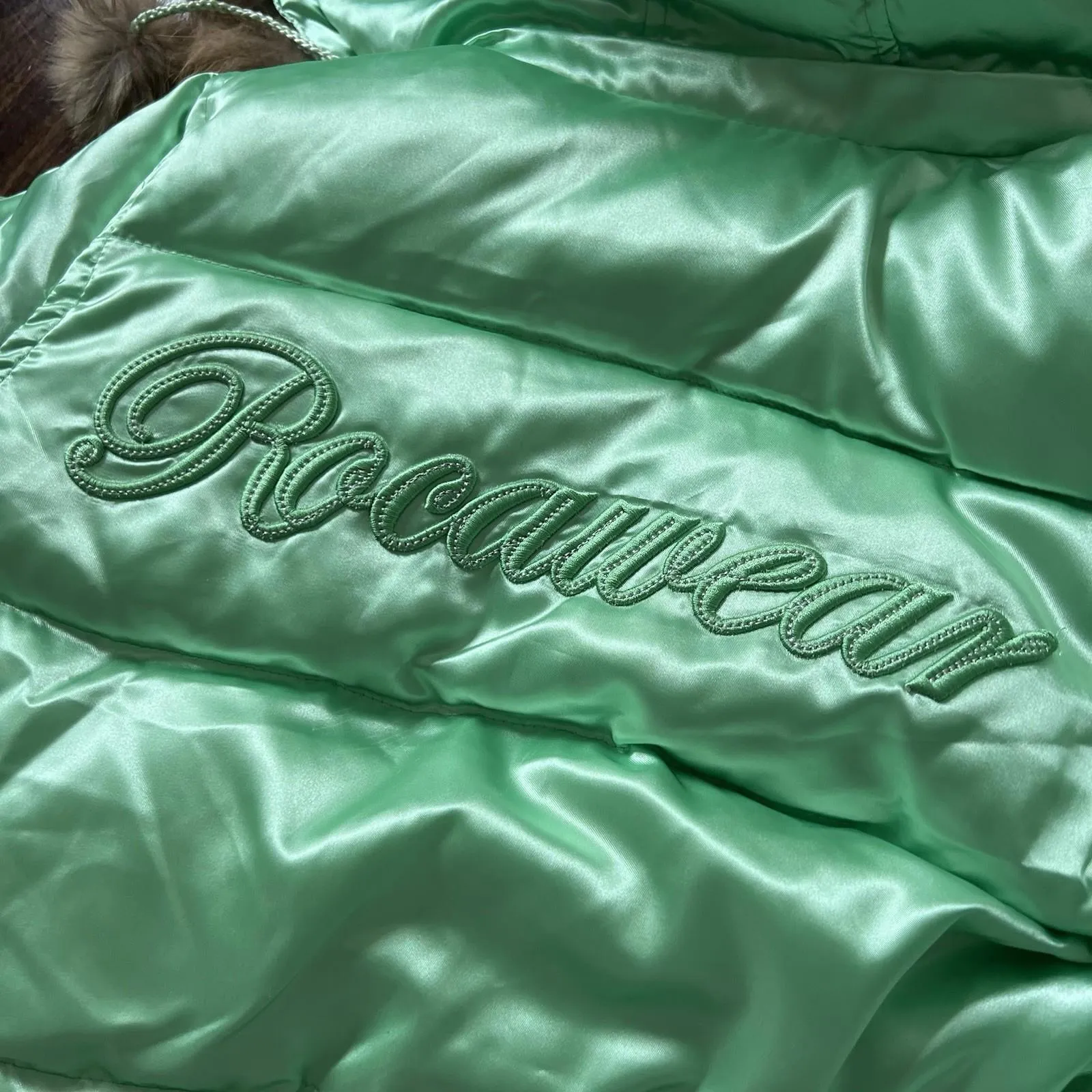 NWT Vintage ROCAWEAR Puffer Jacket Womens XS Y2K Mint Green Fur Hood Pom Pom New - Image 9