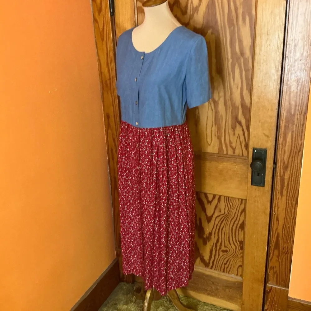 Vtg 90s denim n calico floral dress Red - Image 6