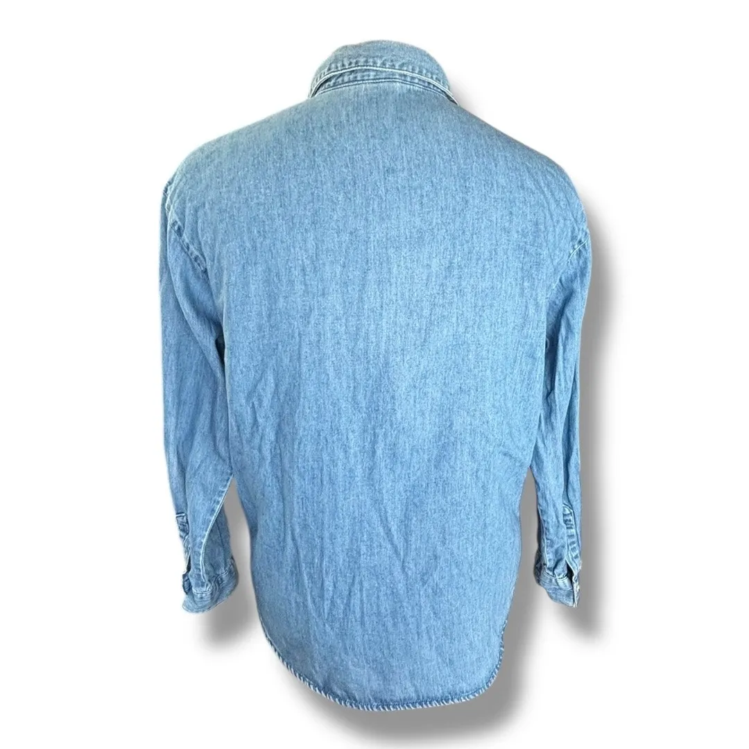 90s Chambray Denim Shirt Folk Art Embroidered Festive Angels Christmas Top Med Blue - Image 3