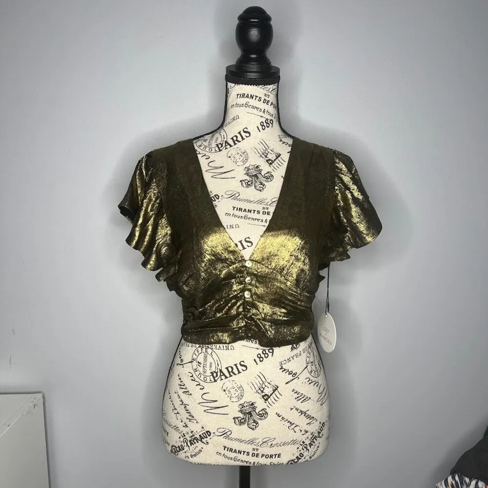 Lost + Wander (S) Heart of Gold Top - Button Front Flutter Sleeve Deep V Cropped - Image 12