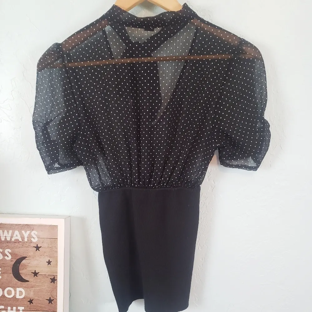 Vintage 🎀- Forever 21 black polka dot tie- neck top - Image 2