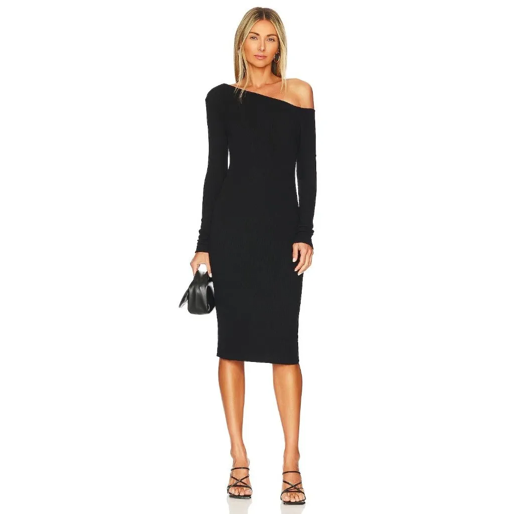 Enza Costa Knit One Shoulder Dress in Black Large New Womens Midi - Image 15