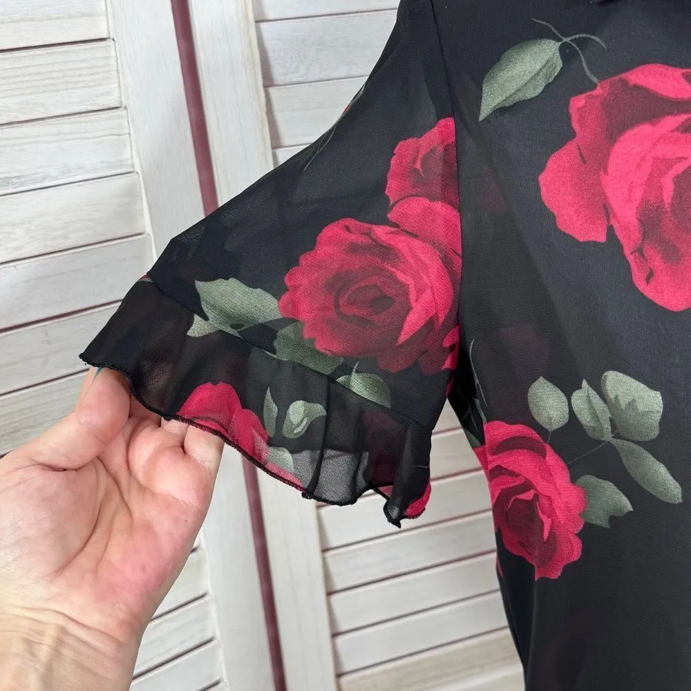 Studio I Sheer Ruffle‎ Trim Roses Floral Crop Y2K Blouse Black Red 8 Gothic Top - Image 6