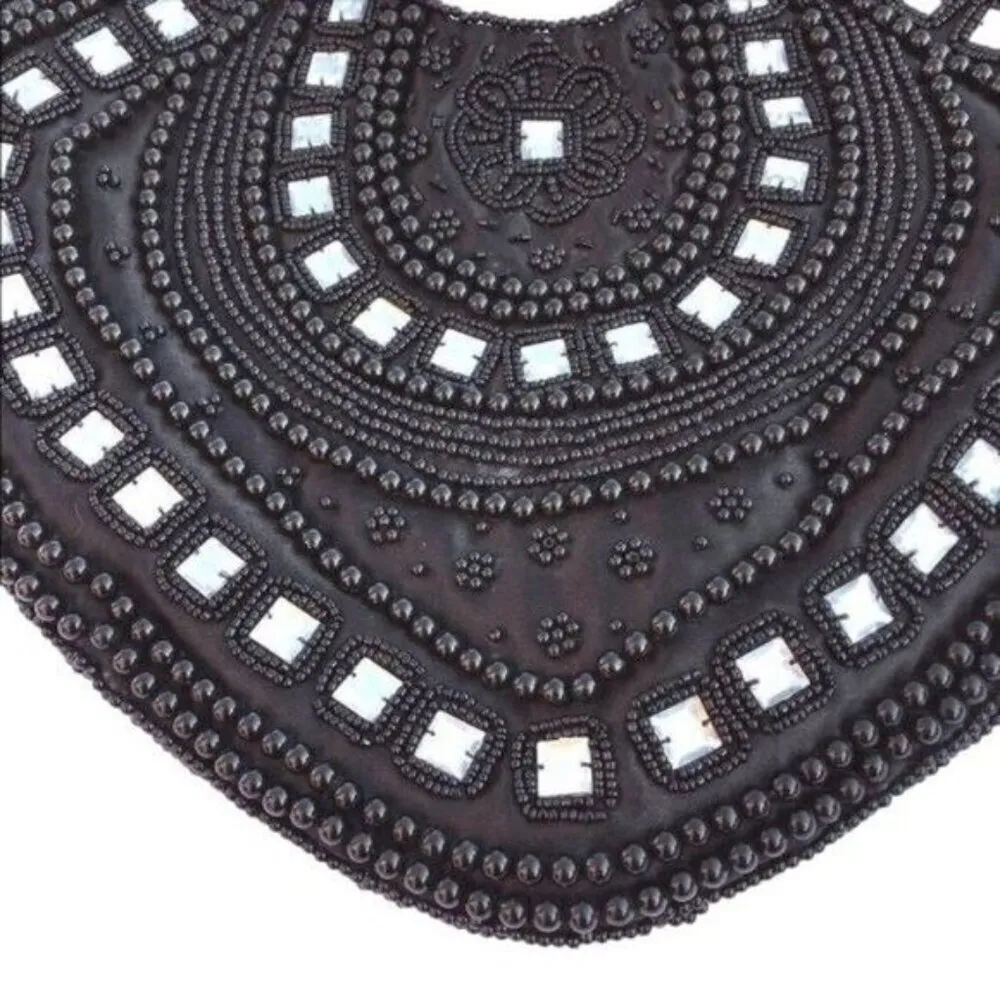 Black Beaded Ornate Shoulder Bag Hobo Purse Black - Image 2