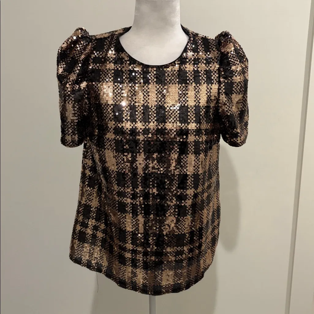 New With tags THML Plaid Sequin Puff Sleeve Top Sz M - Image 2
