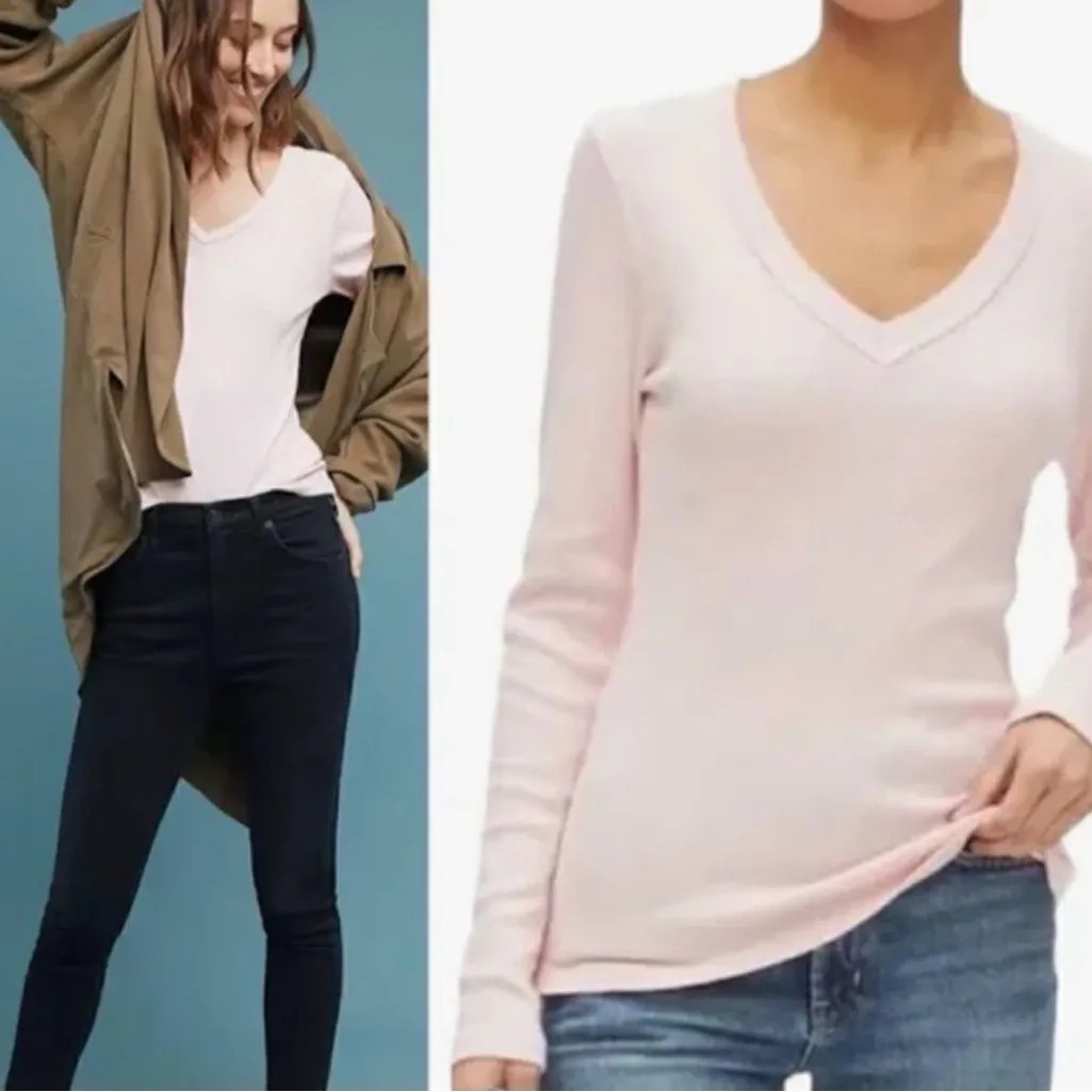 Michael Stars for Anthropologie Long Sleeve V-Neck T-Shirt Light Pink Sheer M/L - Image 3