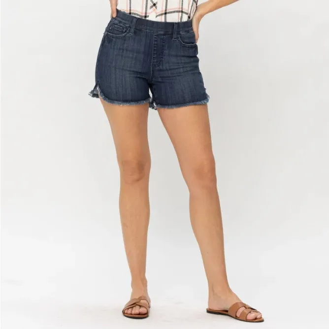 Judy Blue Jegging Dolphin Hem Shorts Stretch Dark Wash Denim Frayed‎ Cutoff L - Image 12