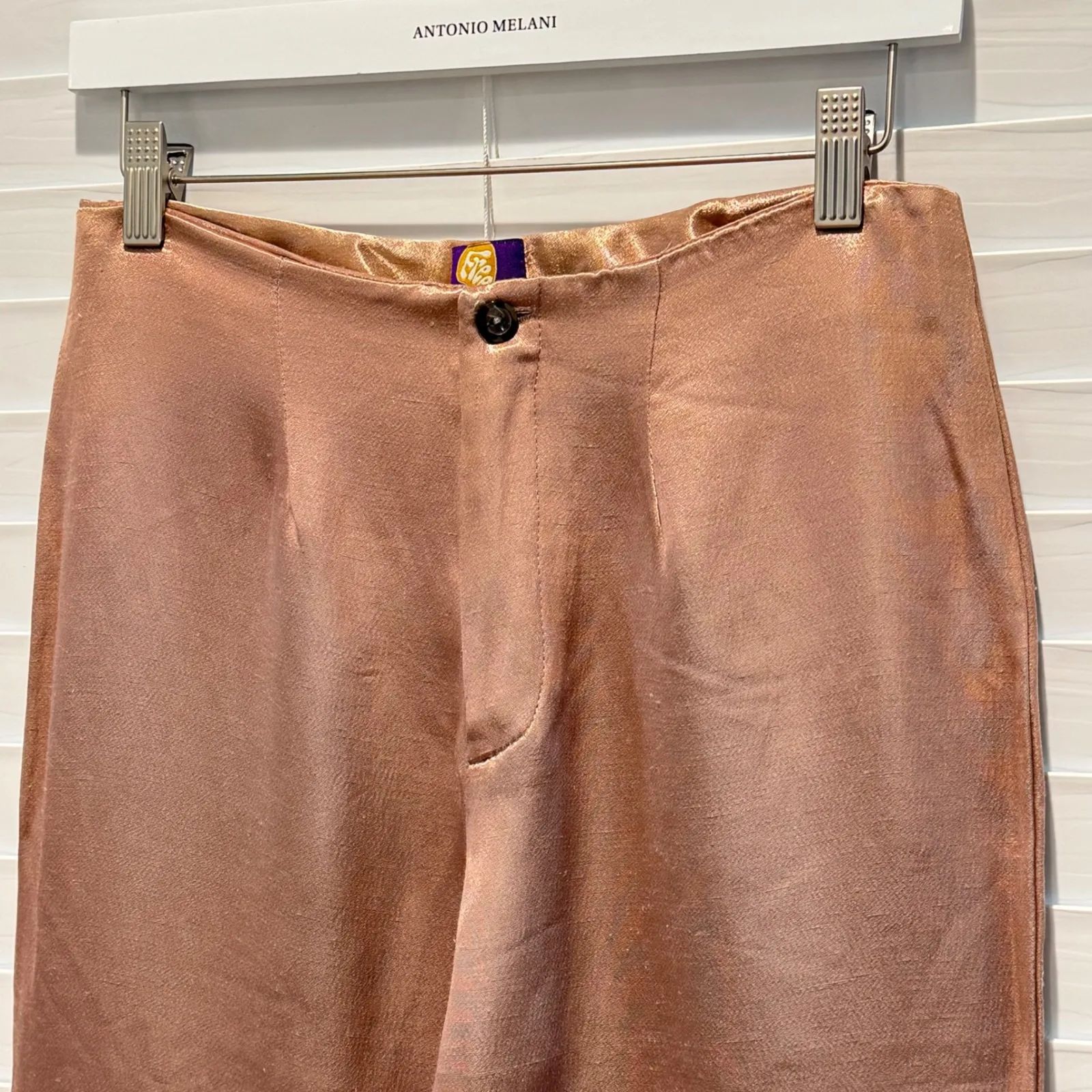 Vintage Y2K Free People Wide Leg Satin Pants Rose Gold Metallic Trouser Sz 5/6 - Image 3