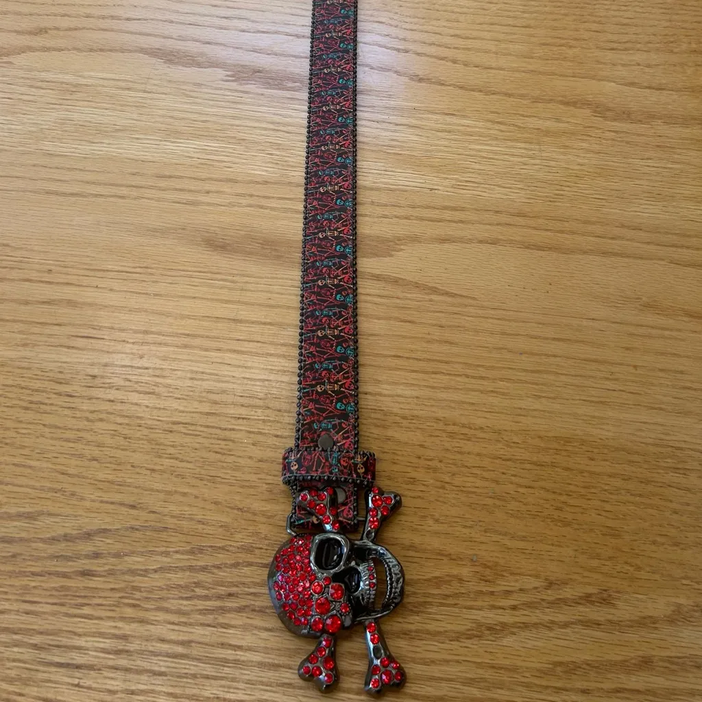 Printed Rhinestones Big Skull And Bones Buckle Red Belt Punk Goth 49” - Image 9