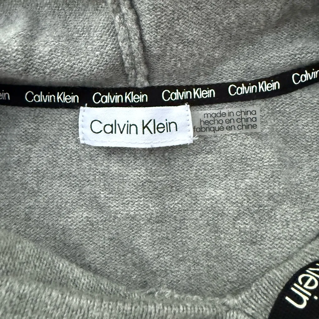 Calvin Klein Hoodie Sweater Gray Logo Drawstring Women's Grey Tight Knit EUC - Image 7