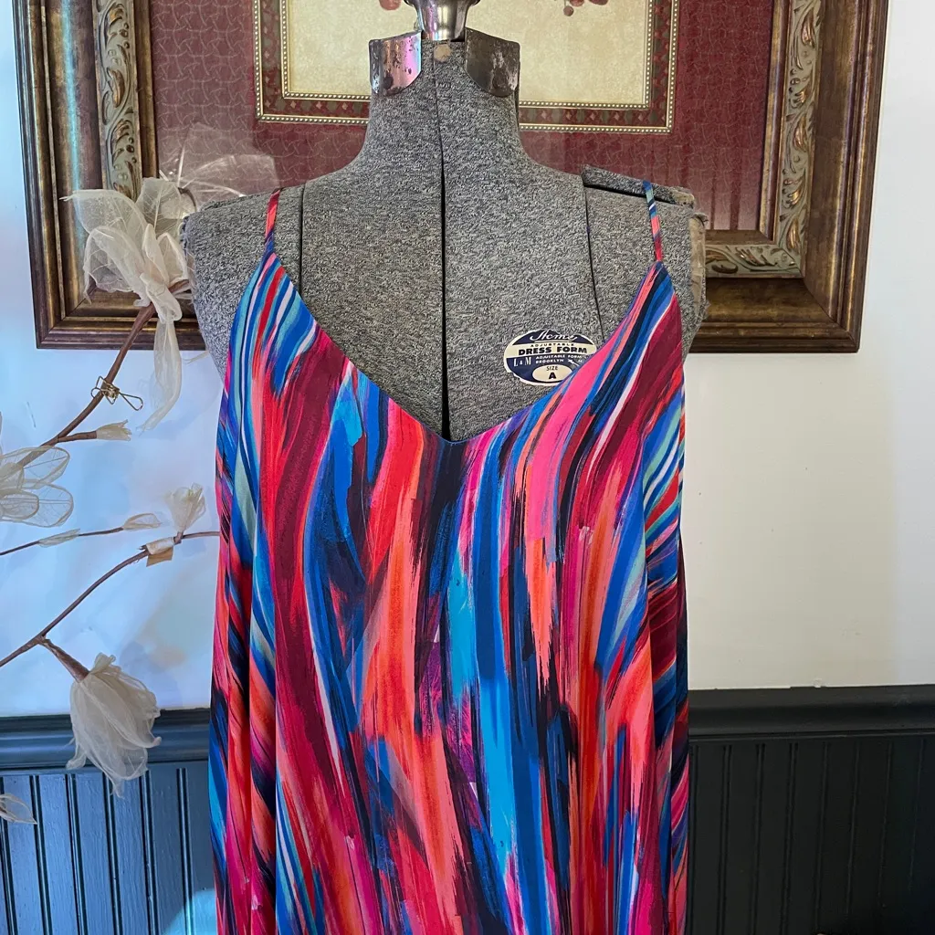 Nicole Miller Rainbow Abstract Watercolor Satin Maxi Dress w Bra - Sz L 💚🎀 - Image 4