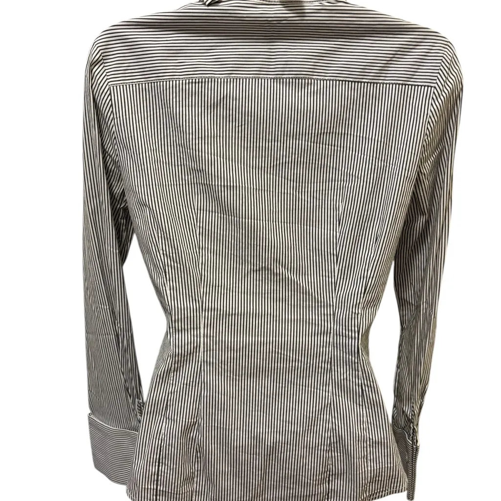 Express Design Studio 90’s Tailored Striped Ruffle Blouse Sz S French Cuff Navy Blue - Image 3