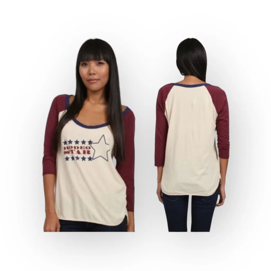 Chaser ✰ Rodeo Star Raglan Baseball Tee 3/4 Sleeve T Shirt ✰ Almond Color Block - Image 2