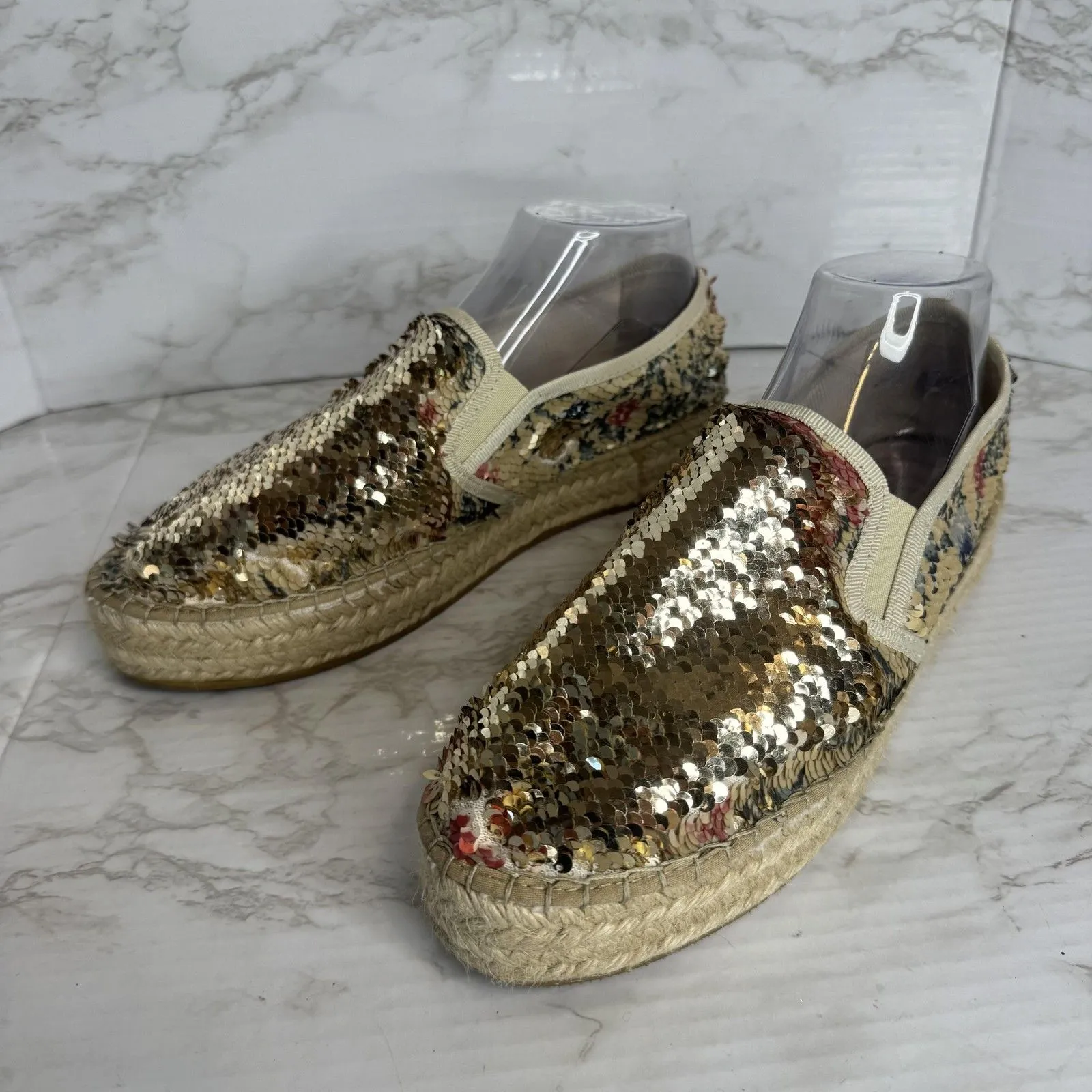 Toni Pons Shoes Womens SZ 10 Gold Floral flip Sequin Espadrille Platform Slip On - Image 3