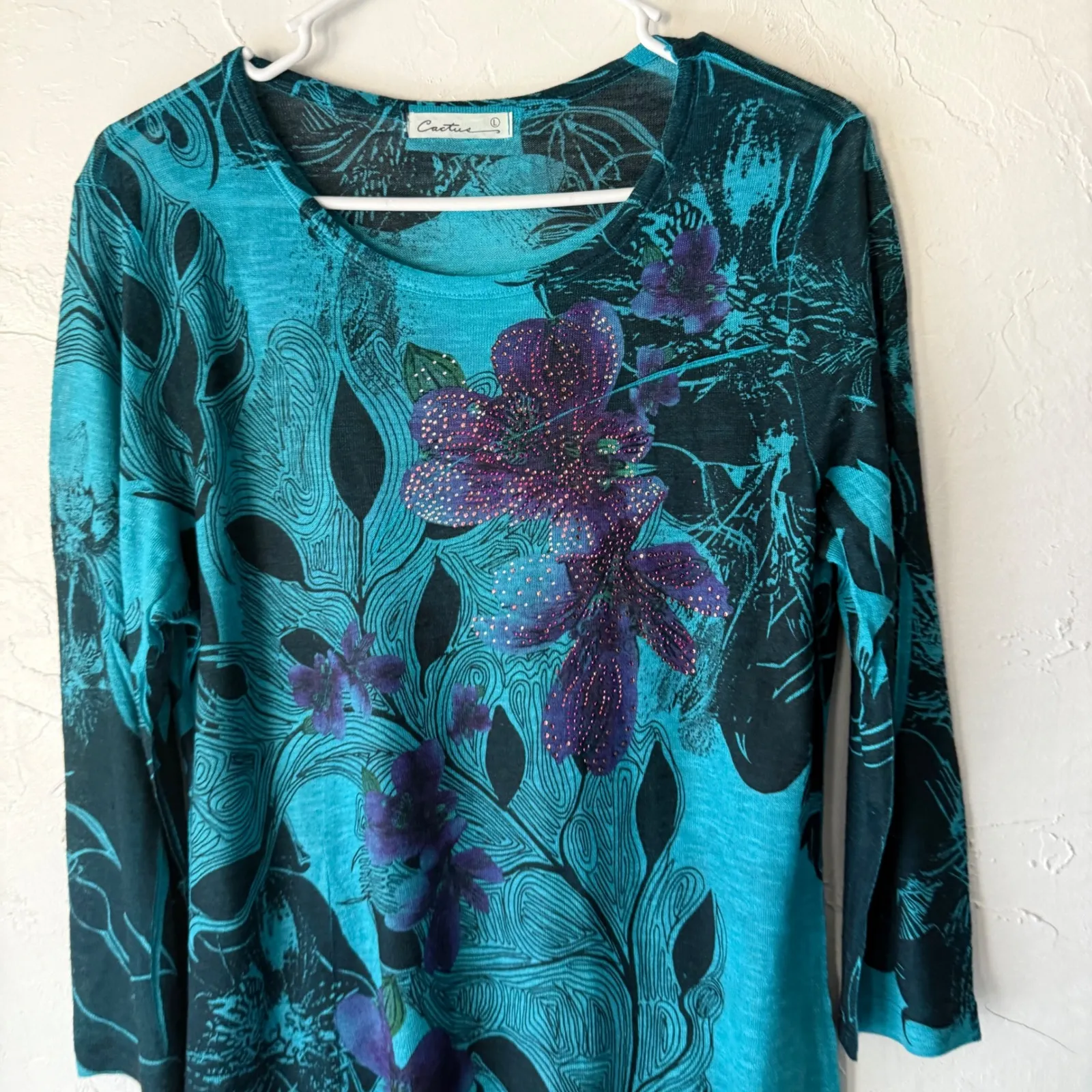 Cactus Teal Floral Rhinestone Detail Long‎ Sleeve Asymmetrical Top Boho Artsy L Blue Size L - Image 2