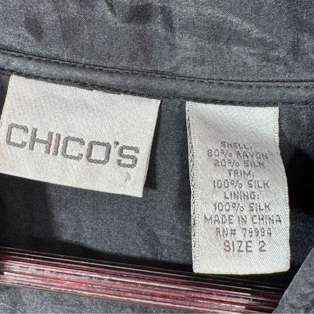 Chicos Textured Silk Mandarin Collar Open Front Bomber Jacket Black Large 12 - Image 9