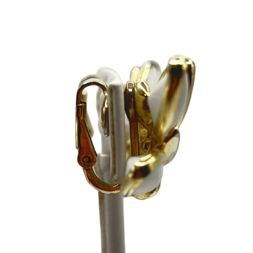 Vintage Crown Trifari Gold Tone Milk Glass Leaf Clip‎ On Earrings Glam Statement - Image 2