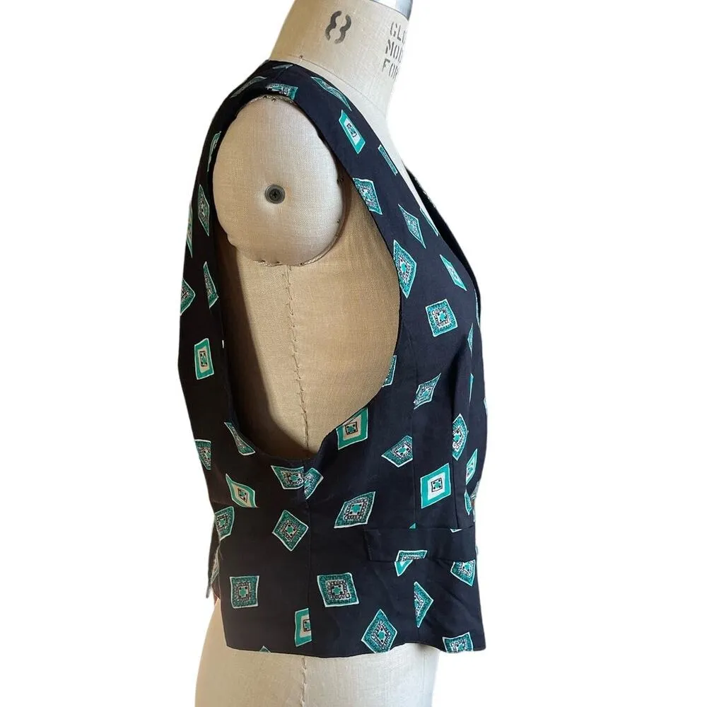 Vintage 90s Worthington Vest in Black w/ Blue Print Size Medium - Image 2