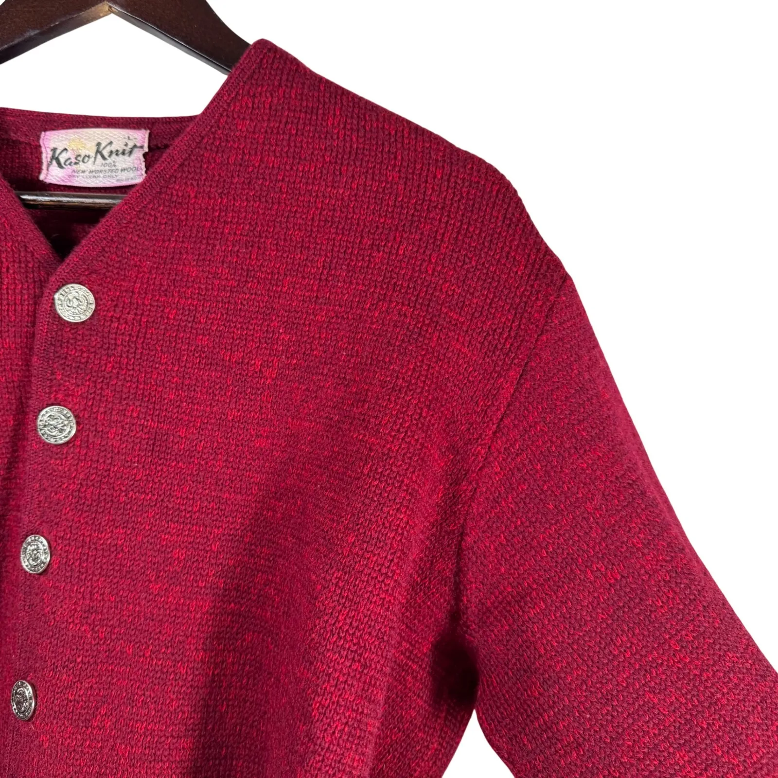 Vtg Kaso Knit 100% Worsted Wool Cardigan Burgundy Made in USA Metal Buttons L Red Size L - Image 5