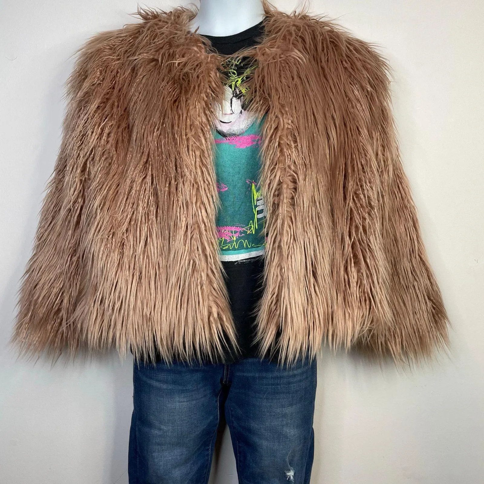 1.State 1State Faux Fur Shaggy Cropped Jacket Mauve Rose Pink Glam Fun womens L - Image 4