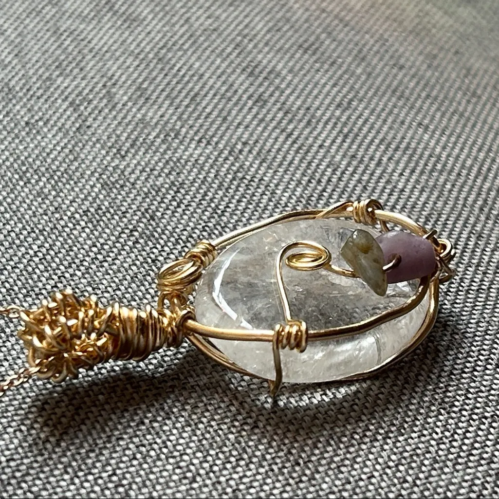 Gold Wire Wrapped Clear Quartz Crystal Pendant Necklace - Image 3