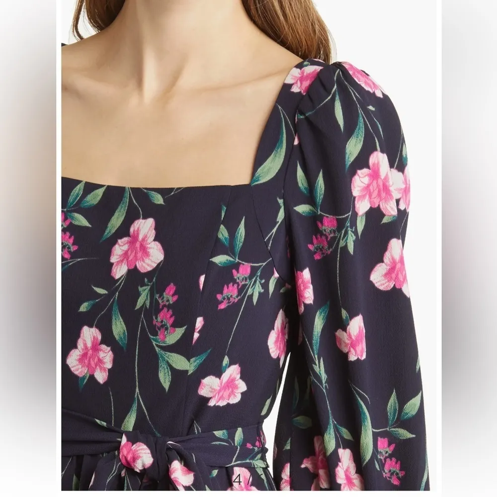 Eliza J Womens Black Floral Mini Dress 14 Square Neck Chiffon Boho Flounce - Image 4