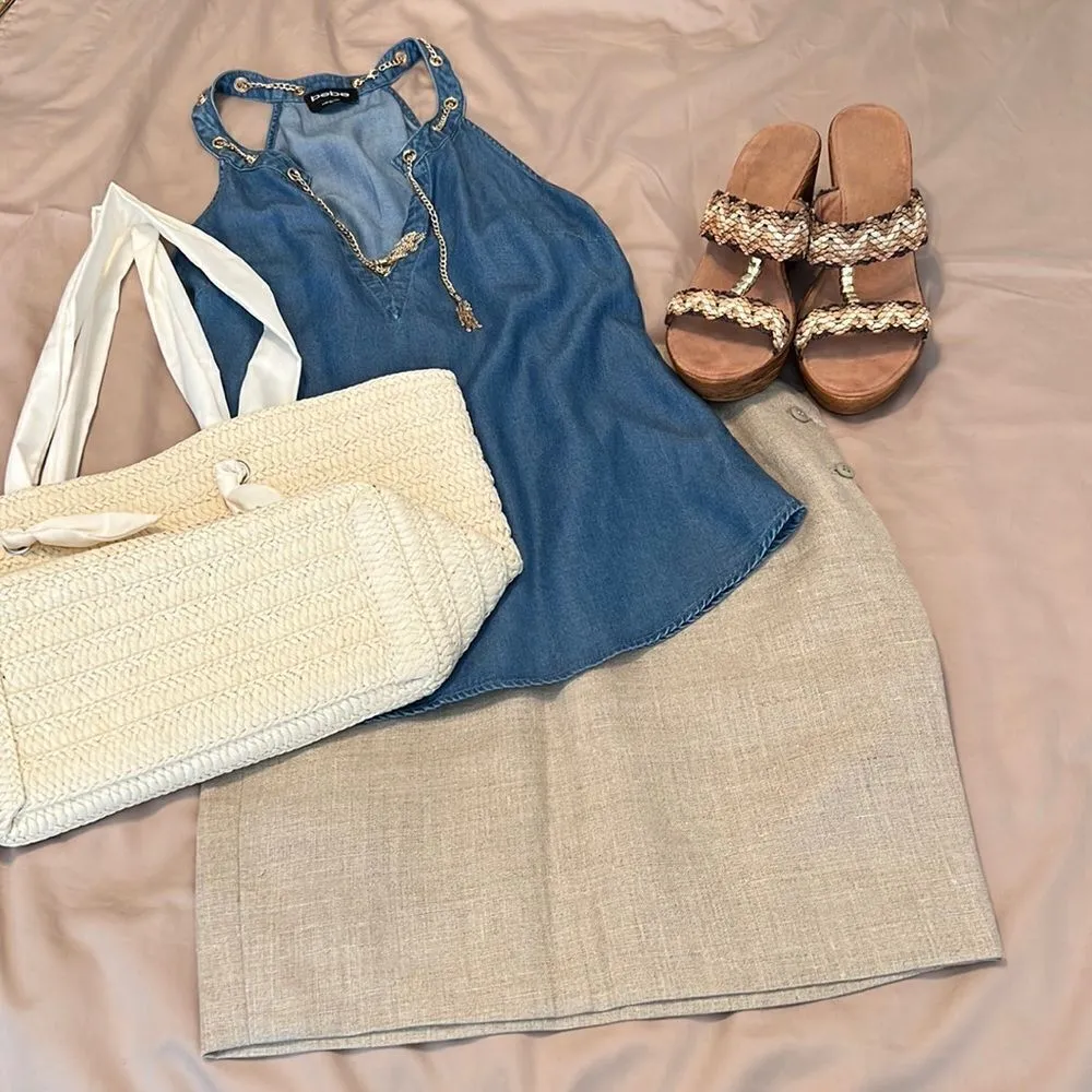 Calvin Klein size 6 tan linen button side straight mini skirt EUC - Image 5