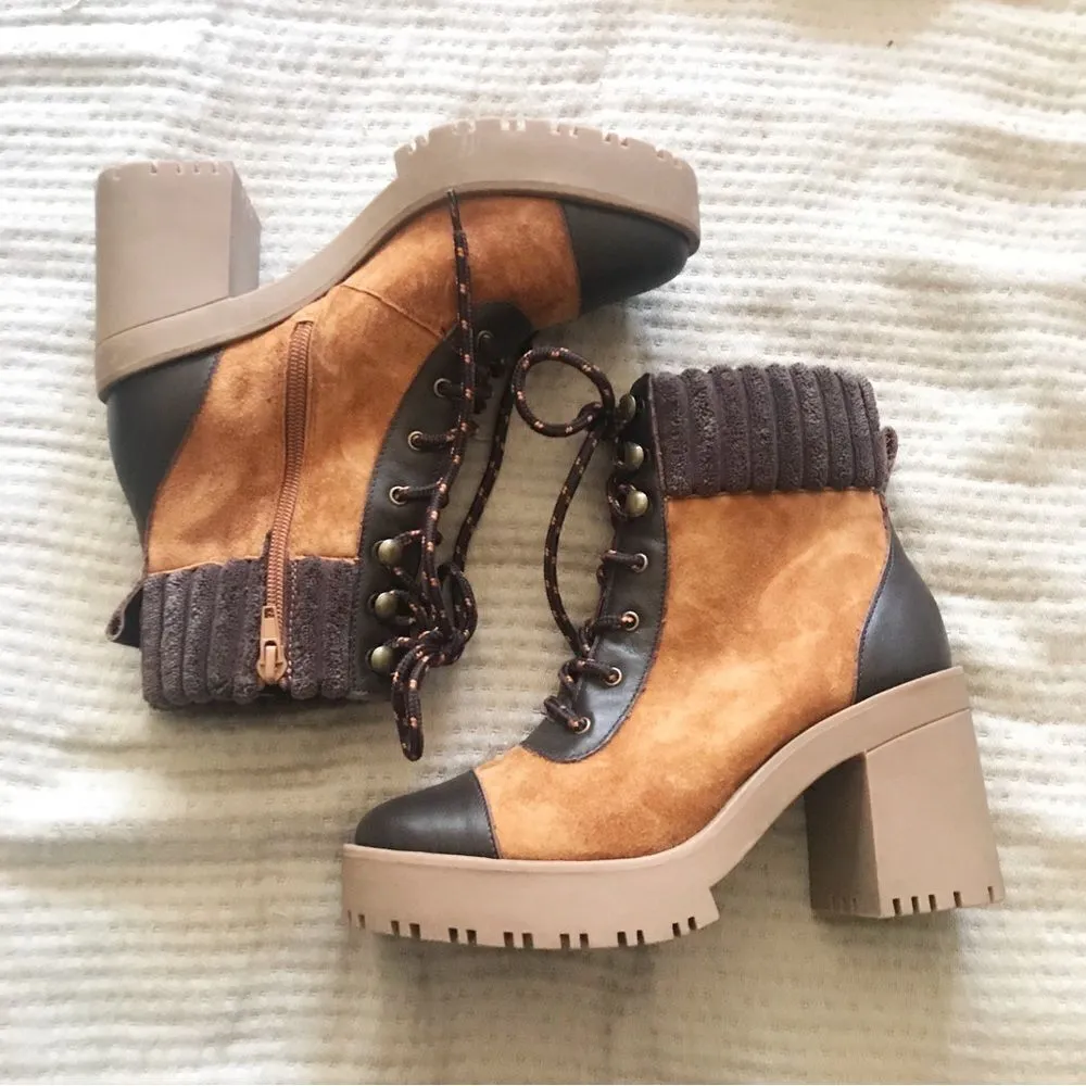 C&V Suede Leather Platform Hiking Boot Bootie Lug Sole‎ Brown Cap Toe Size 6 New - Image 6