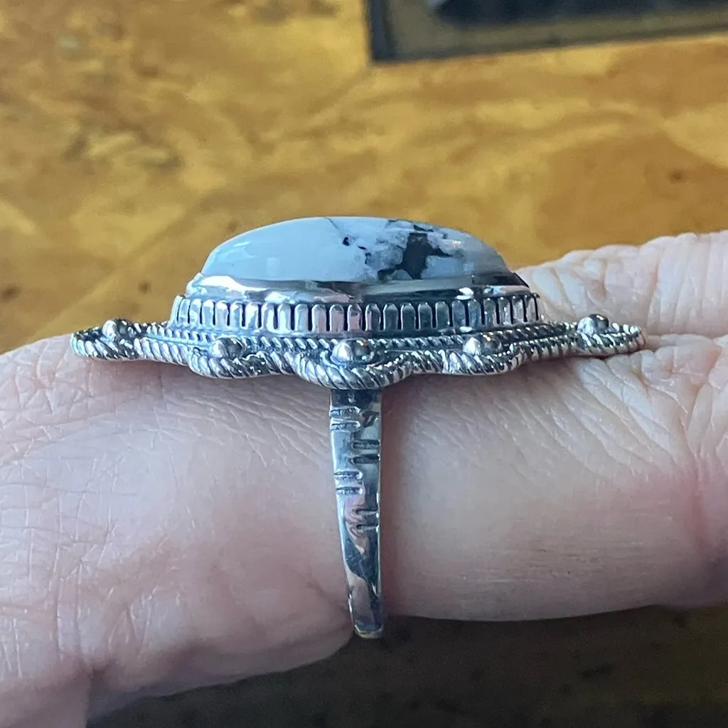 White Buffalo Turquoise Sterling Silver Ring Size 9 - Image 3