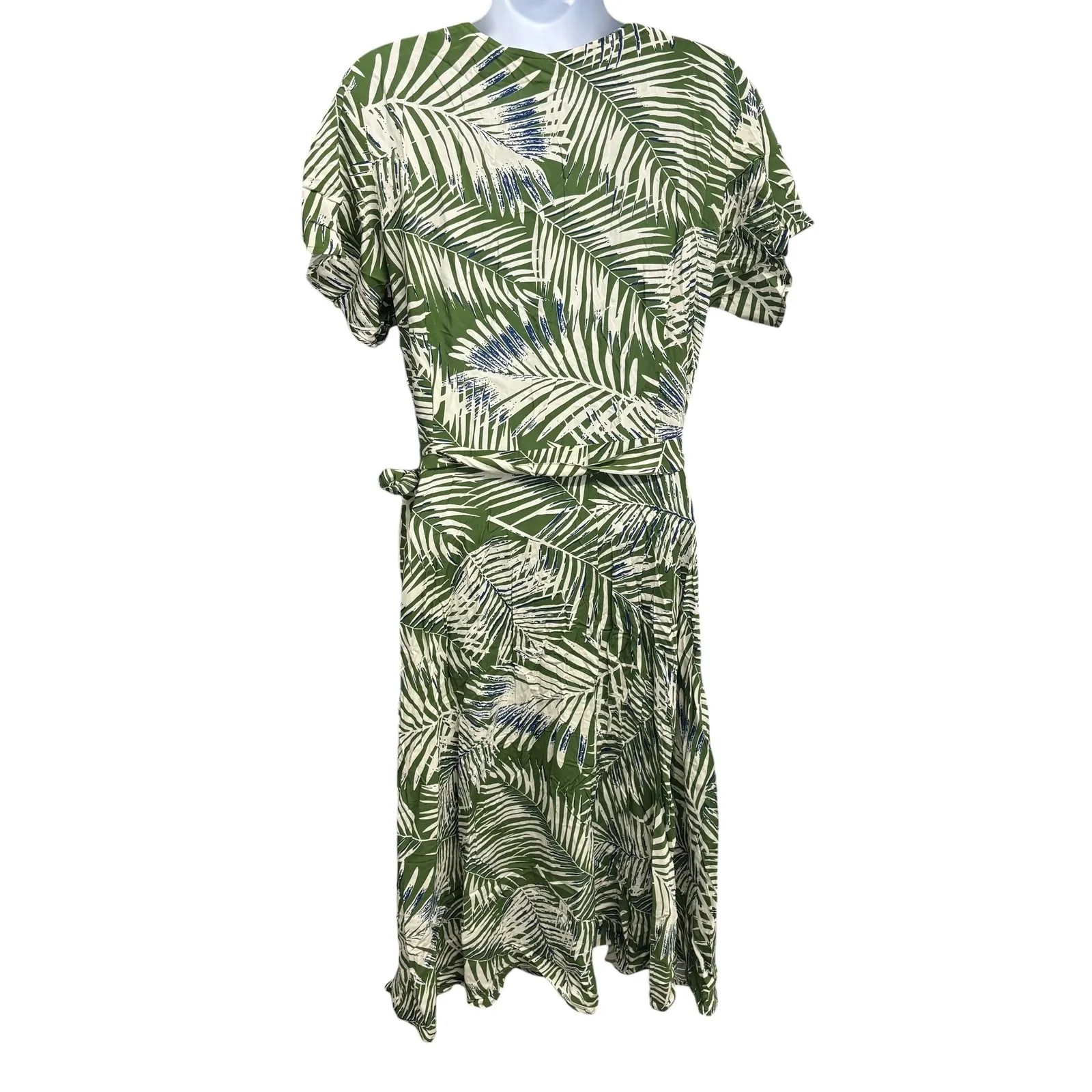 CUPSHE Wrap Dress Tropical Palm Leaf Print Green White Short Sleeve Midi Beach - Image 3