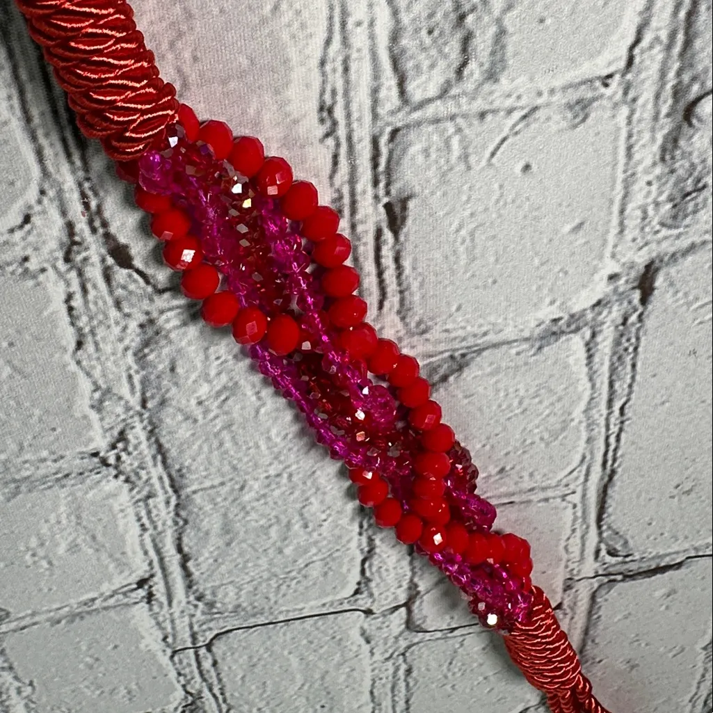 Braided Red Orange Pink Beaded Chunky Statement Necklace - Image 9