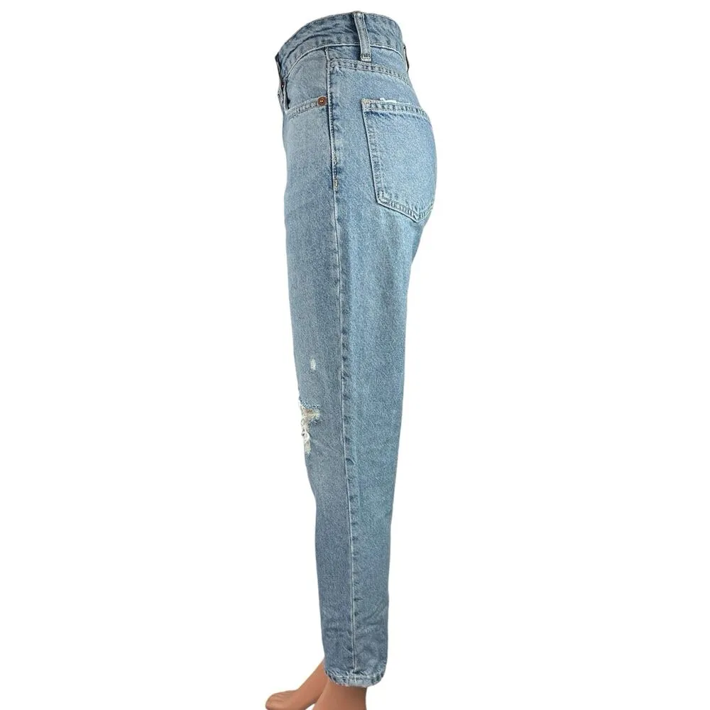 ZARA Women's Blue Denim High Rise Distressed Ripped Casual Tapered Jeans Size 2 - Image 2