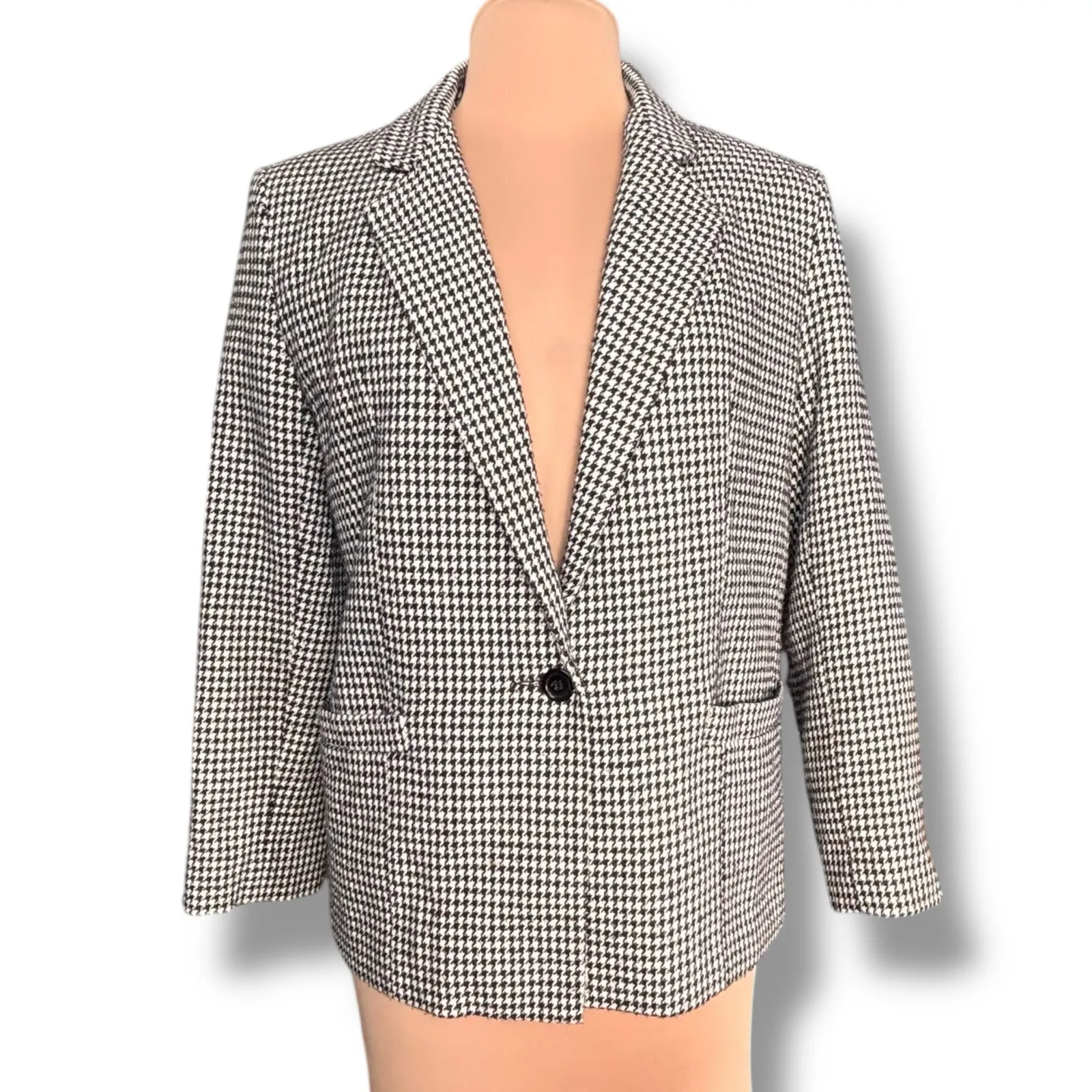 Vintage 80s Dumas Black White Houndstooth Wool Blazer USA Union Made Medium - Image 2