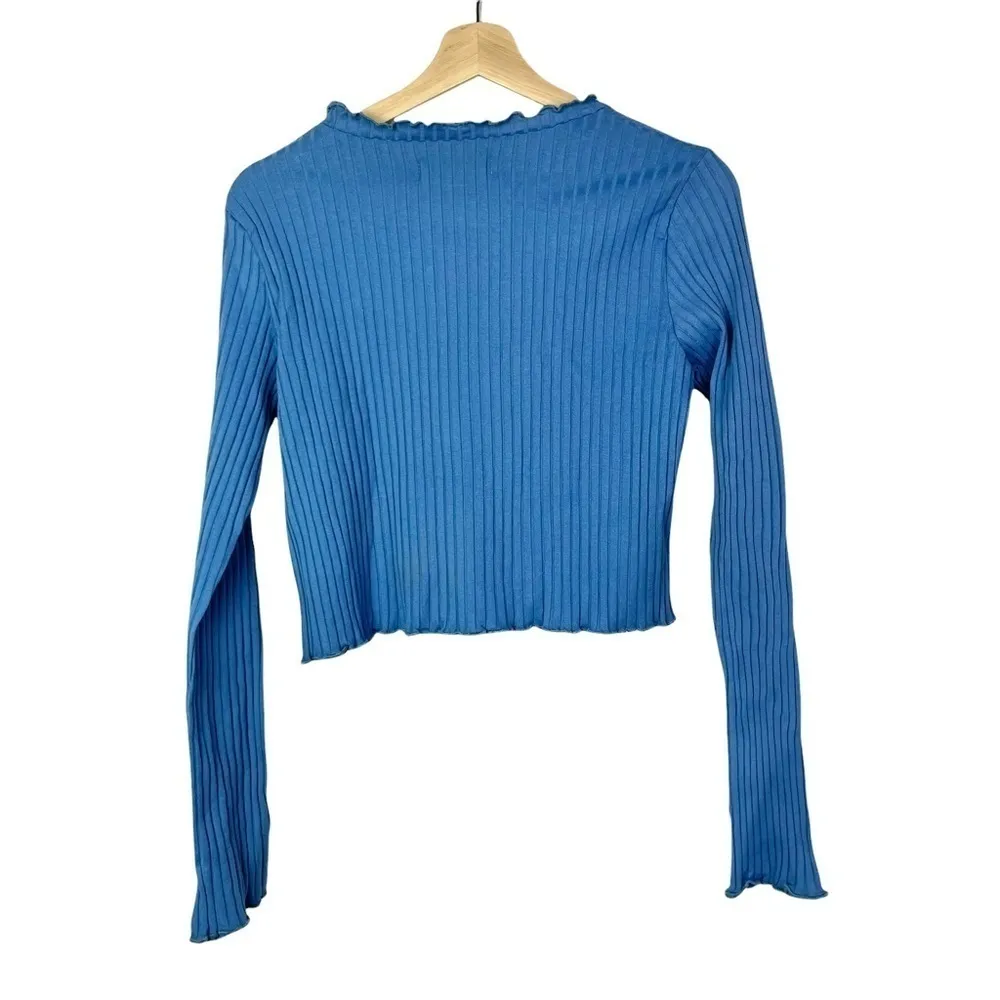 NEW Spiritual Gangster Blue Ribbed Lettuce Edge Cropped Long Sleeve S - Image 5