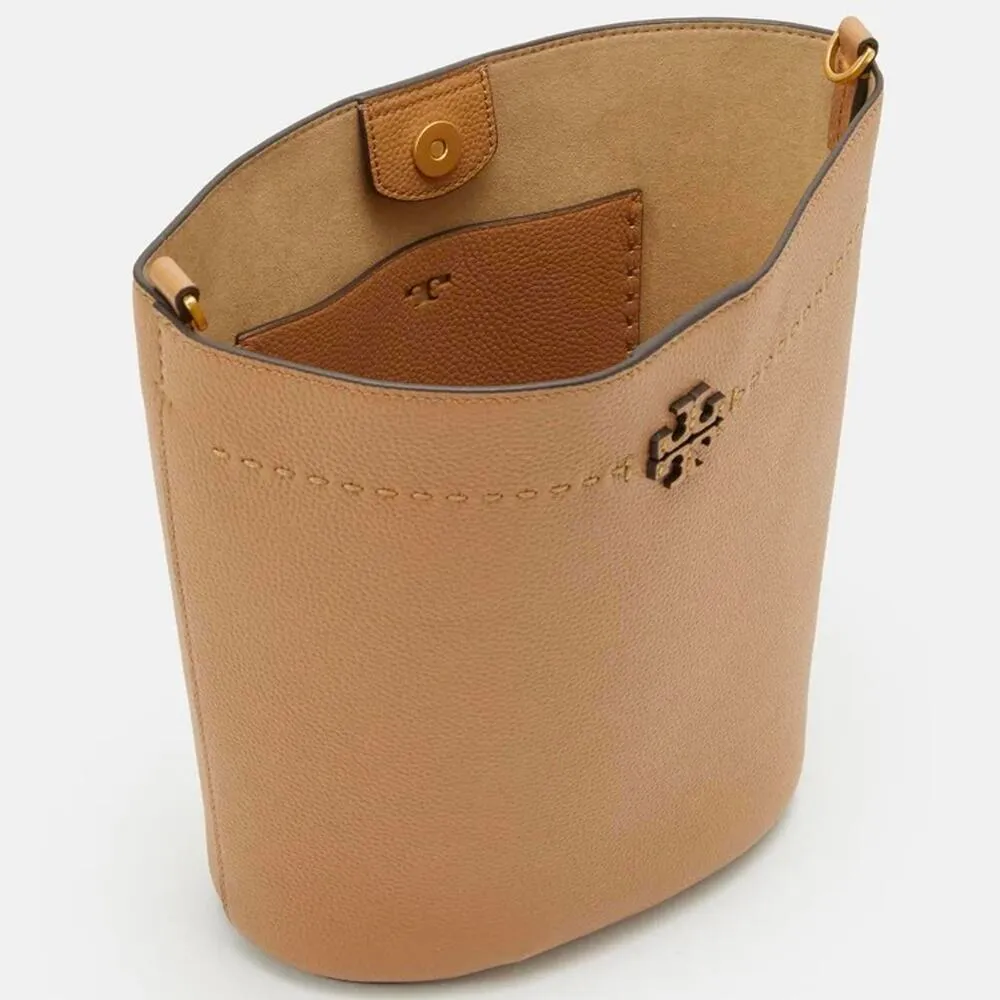 Tory Burch McGraw Leather Bucket Bag Tiramisu Brown Gold Hardware - Image 11
