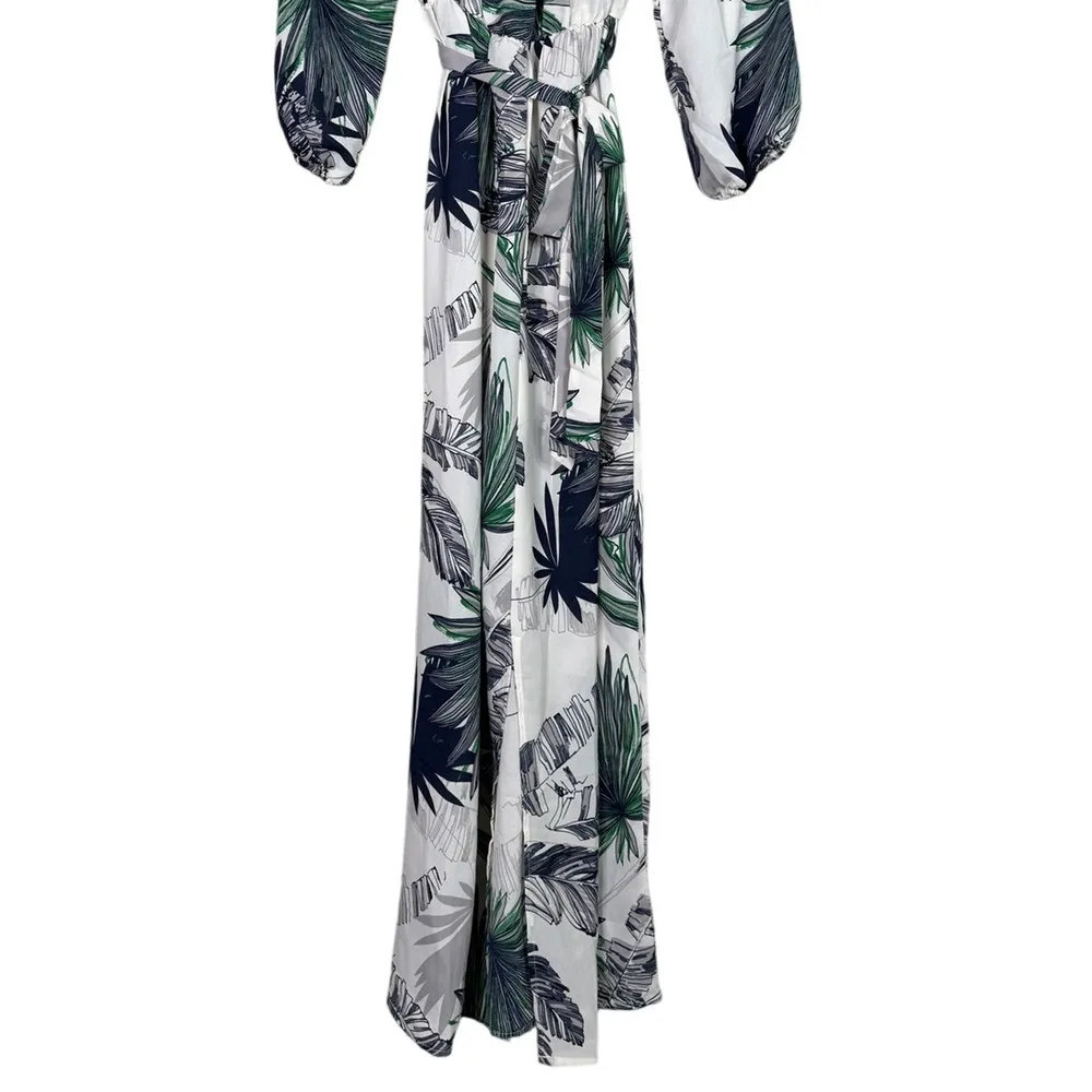 NEW Boho Tropical Palm Print Off Shoulder Maxi Dress 3/4 Sleeve TieWaist S White - Image 10