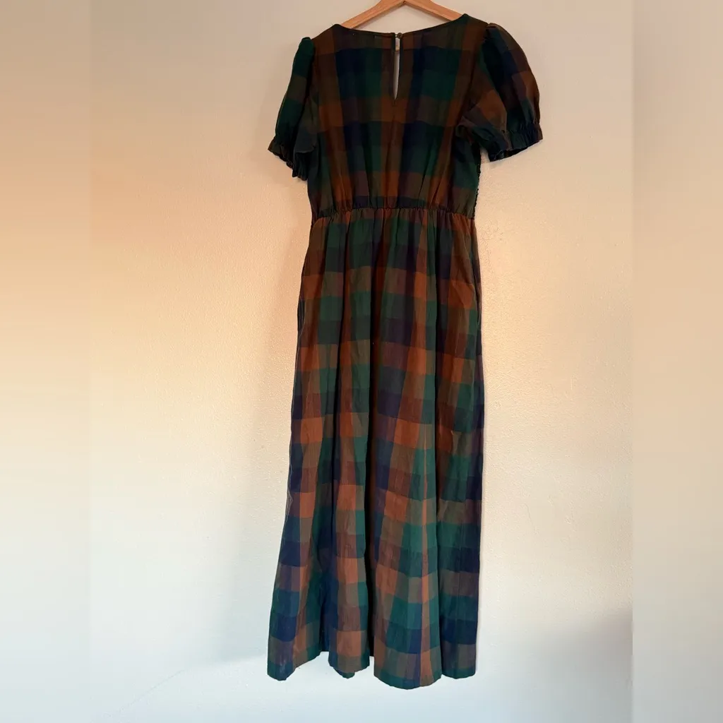 Cottage Country Plaid Lace Puff-Sleeve maxi Dress pockets size M - Image 7
