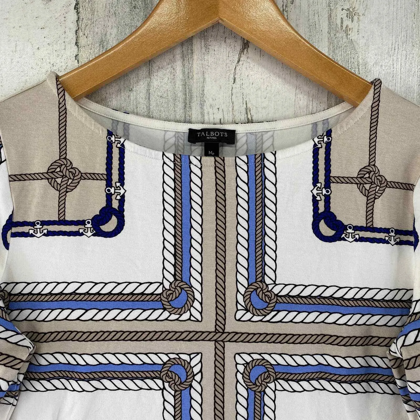 Talbots Top Womens‎ Medium Petite White Tan Equestrian Print Rayon - Image 3