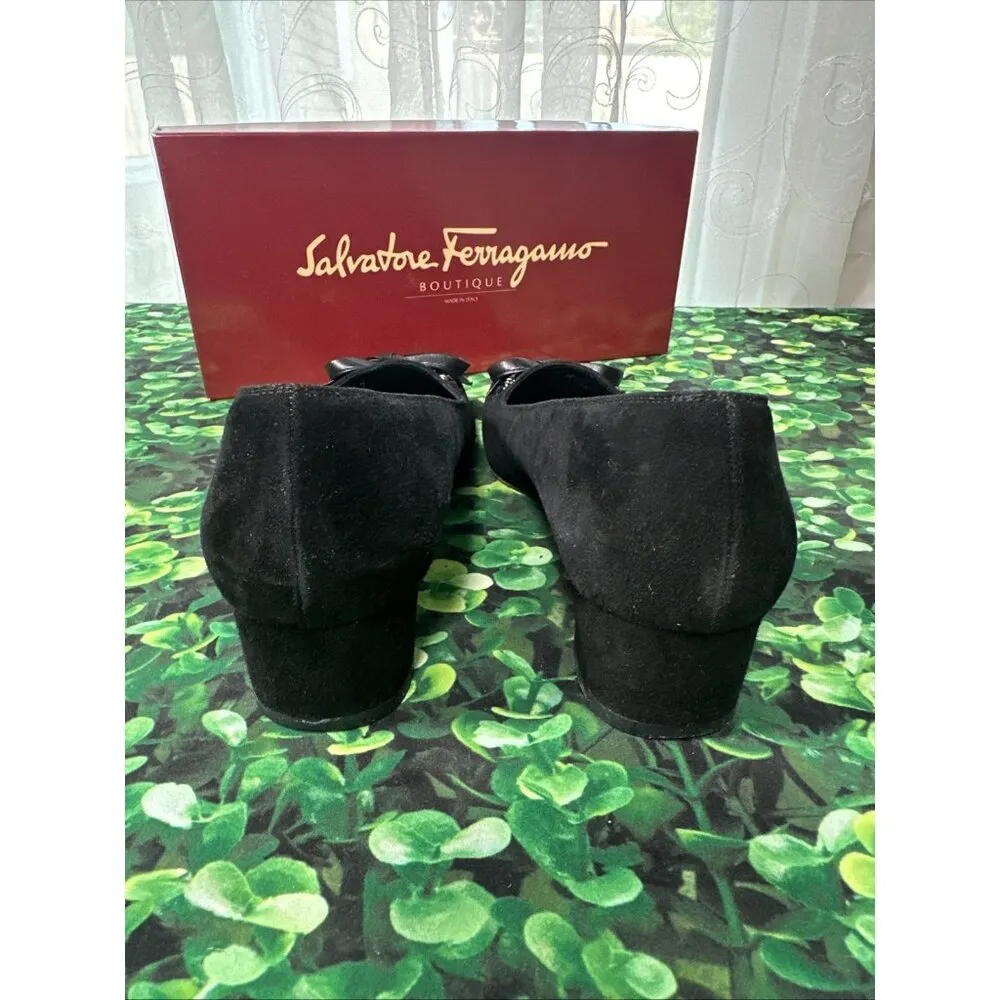 Salvatore Ferragamo Lillaz Women's Black Leather Bow Nubuck Pumps Size 10 AA - Image 7