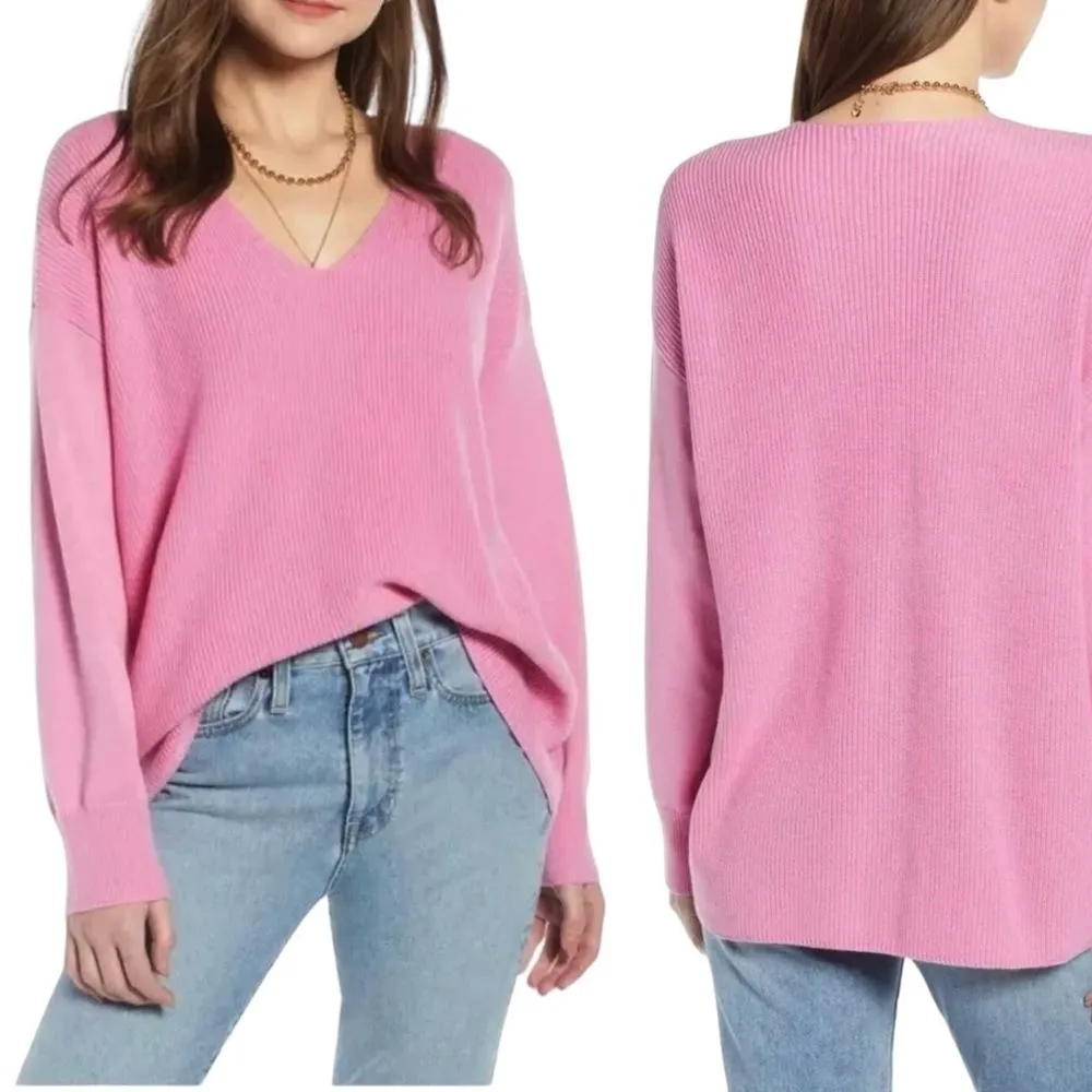 Something Navy Bubblegum Pink Wool Blend V Neck Slouchy Sweater Women’s Size XS - Image 11
