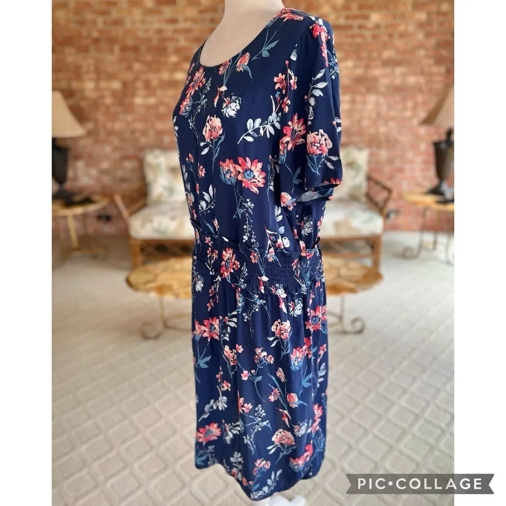 Caslon Dress Blue Floral Smocked Waist Short Sleeve Mini XXL A-Line Preppy - Image 3
