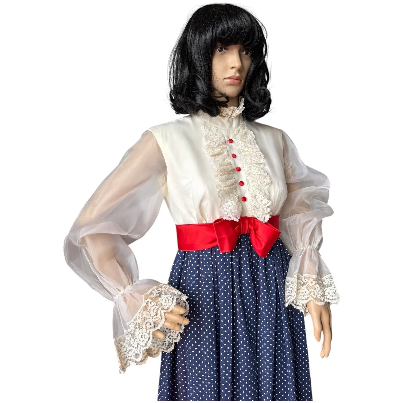 1970s Prairie Victorian Maxi Dress Sheer Sleeves Lace Bib & Red Bow small- med - Image 10