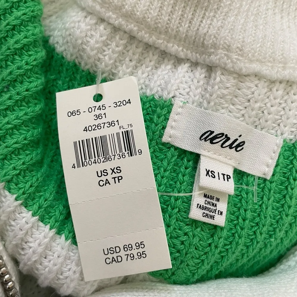 NEW Aerie Beyond Green White Quarter Zip Preppy Rugby Varsity Oversized Sweater - Image 4