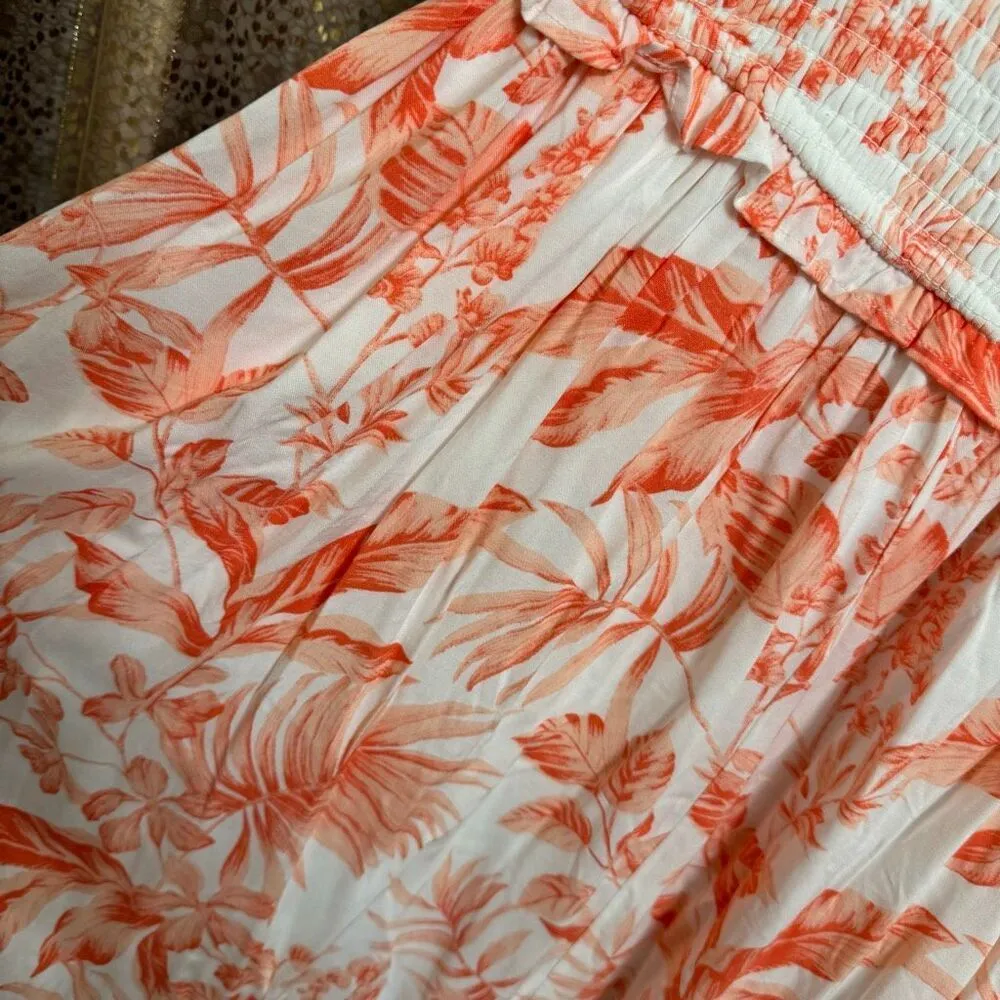 Torrid Coral Orange Tropical Midi Smocked Tie Strap Vacation Luau Dress 1X NWT - Image 4