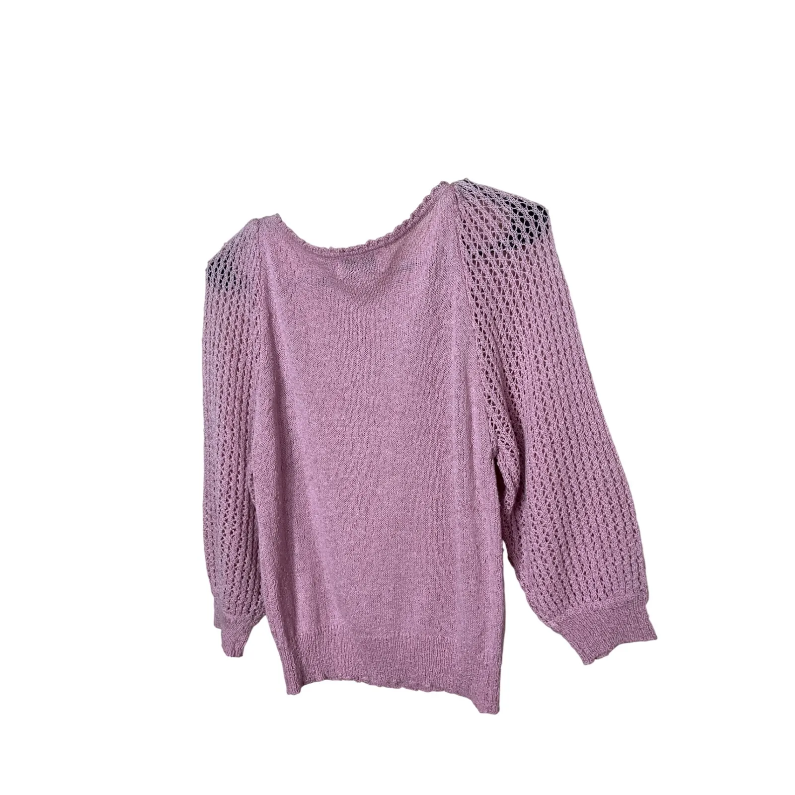 Vintage Erika Pink Textured Knit Sweater Beaded Floral Detail Puff Sleeve M - Image 6