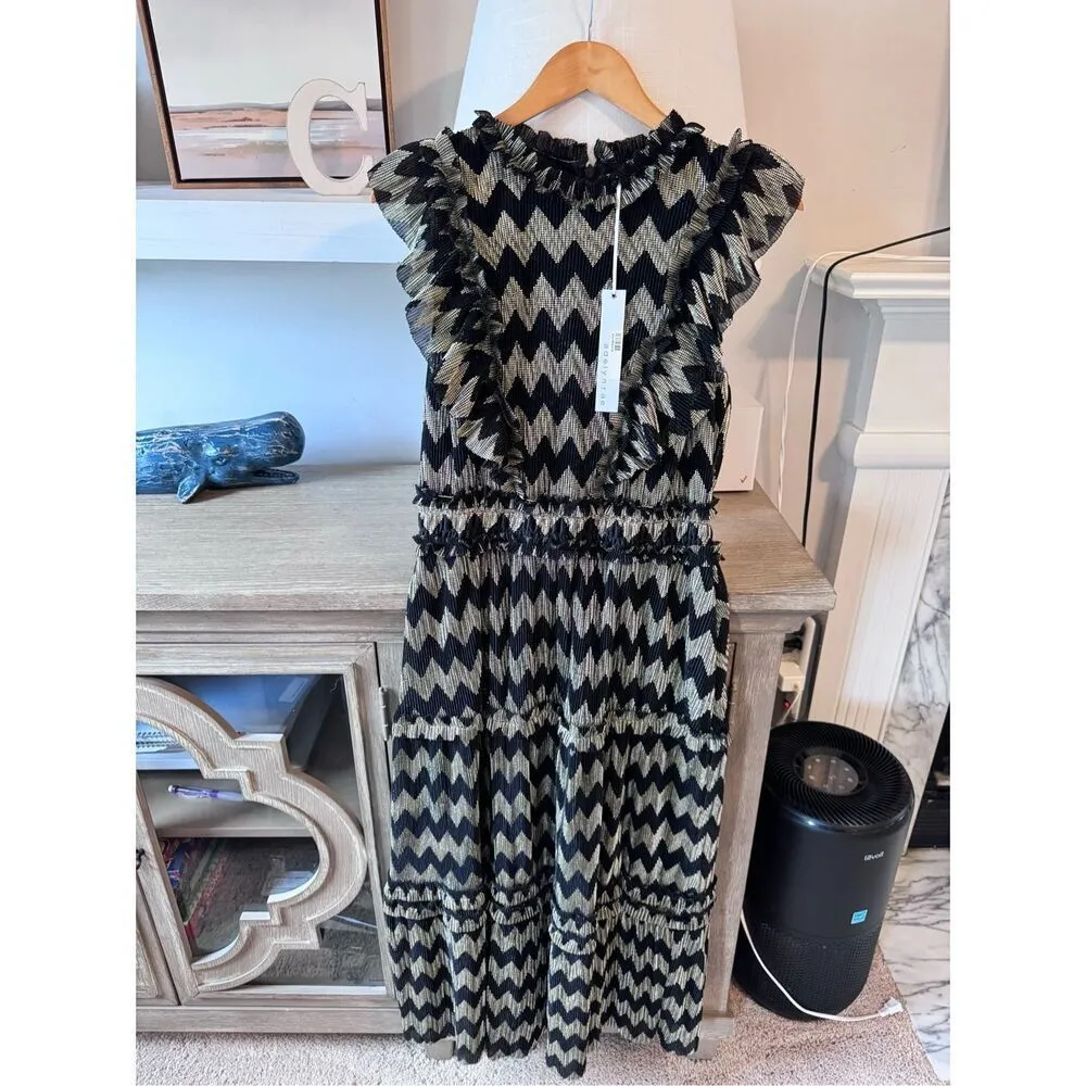 NWT Adelyn Rae Agatha Metallic Pleated Chevron Black Gold Shiny Ruffle Dress siz - Image 2