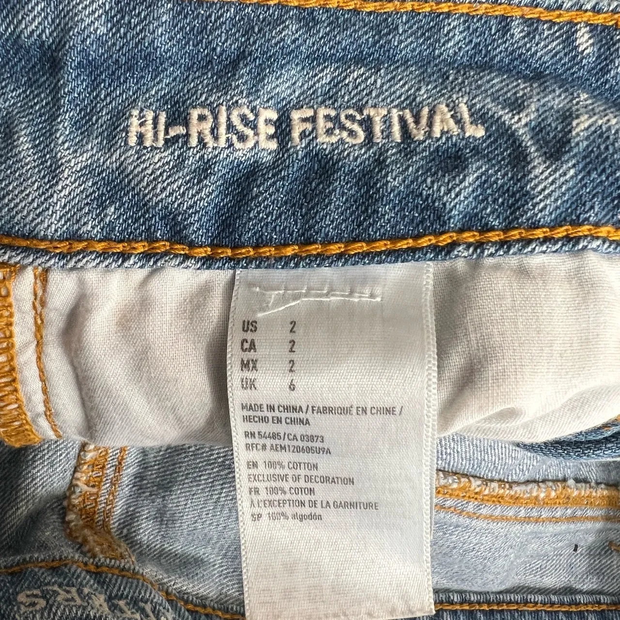AEO Jean Short Blue Distressed Embroidered Feathers Hem Hi-Rise Festival Size 2 - Image 5