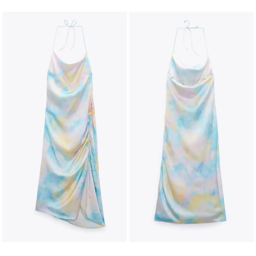 Zara Pastel Tie Dye Satin Halter Cowl Neck Ruched Slip Midi Dress Size XS - Image 7