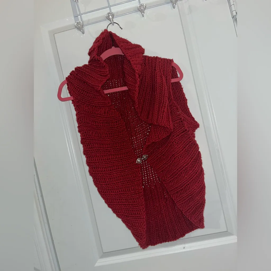Chunky Knit Red Shawl Collar Cardigan Handmade Look Cozy Sleeveless Sweater Vest - Image 10